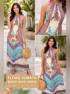 Flying Tomato Boho Maxi Dress Small Halter Floral Tribal Print Vacation Summer